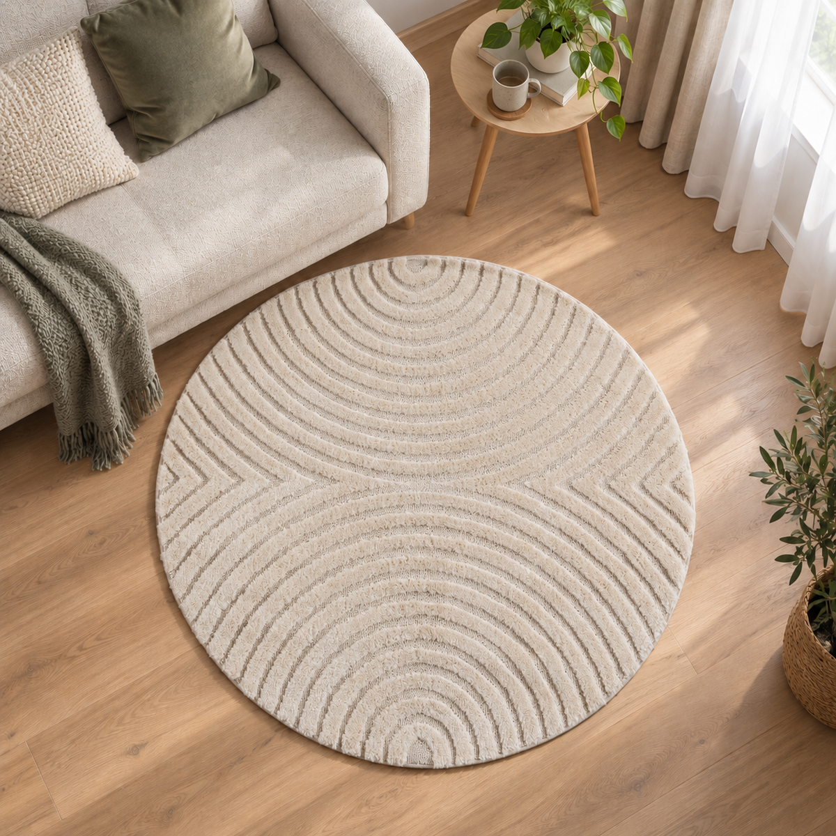 Art Vloerkleed Rond – Japandi – Boogpatroon – Modern & Laagpolig – Creme/Beige