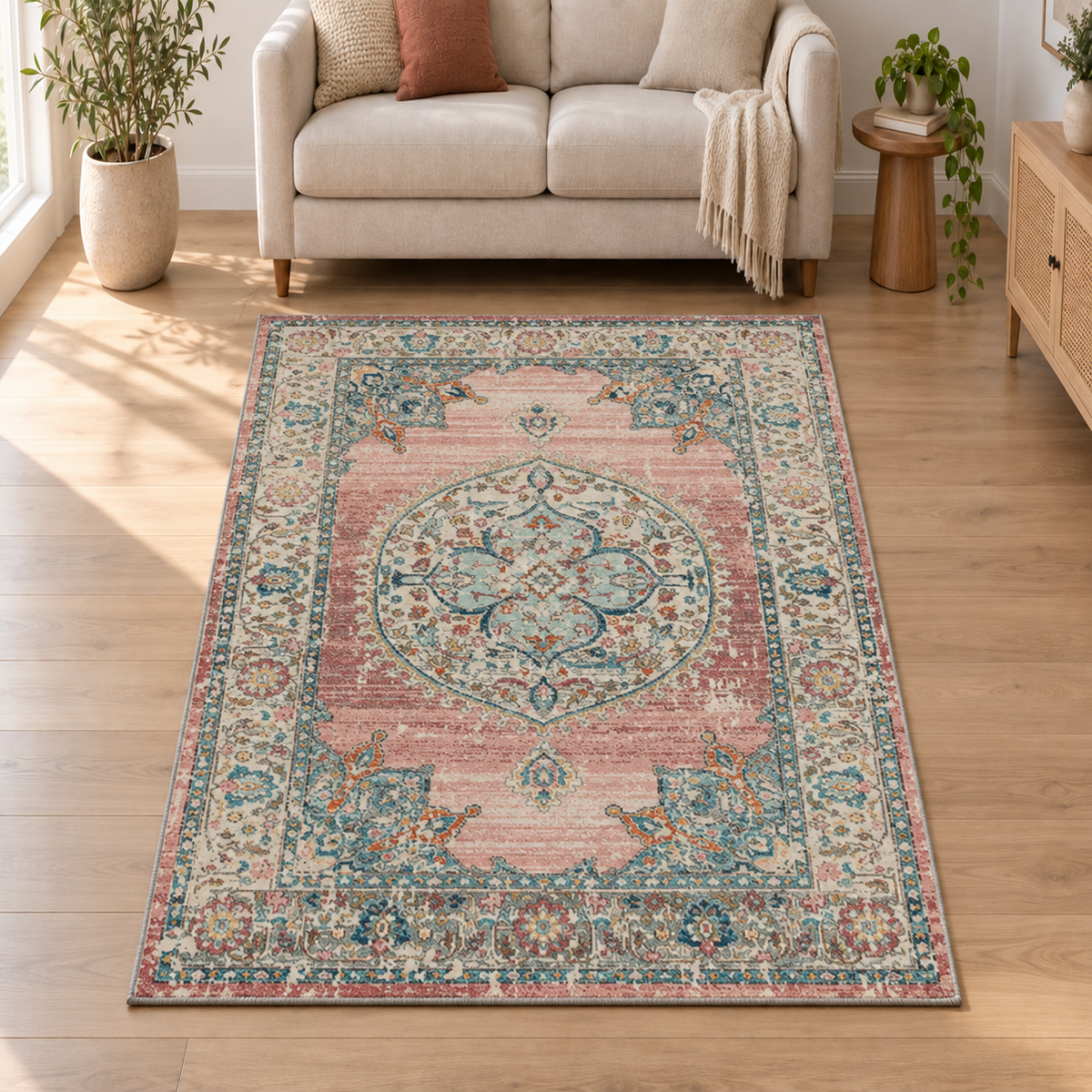 Salsa Vloerkleed – Roze – Klassiek Medaillon Design – Laagpolig Vloerkleed