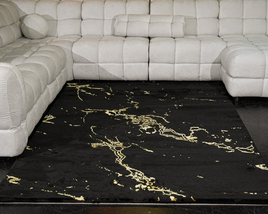Marmaris Vloerkleed – Zwart/Goud – Marmerlook Design – Modern & Laagpolig