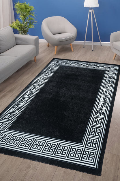 Blanca Vloerkleed – Laagpolig vloerkleed met Griekse rand – Zwart/Wit