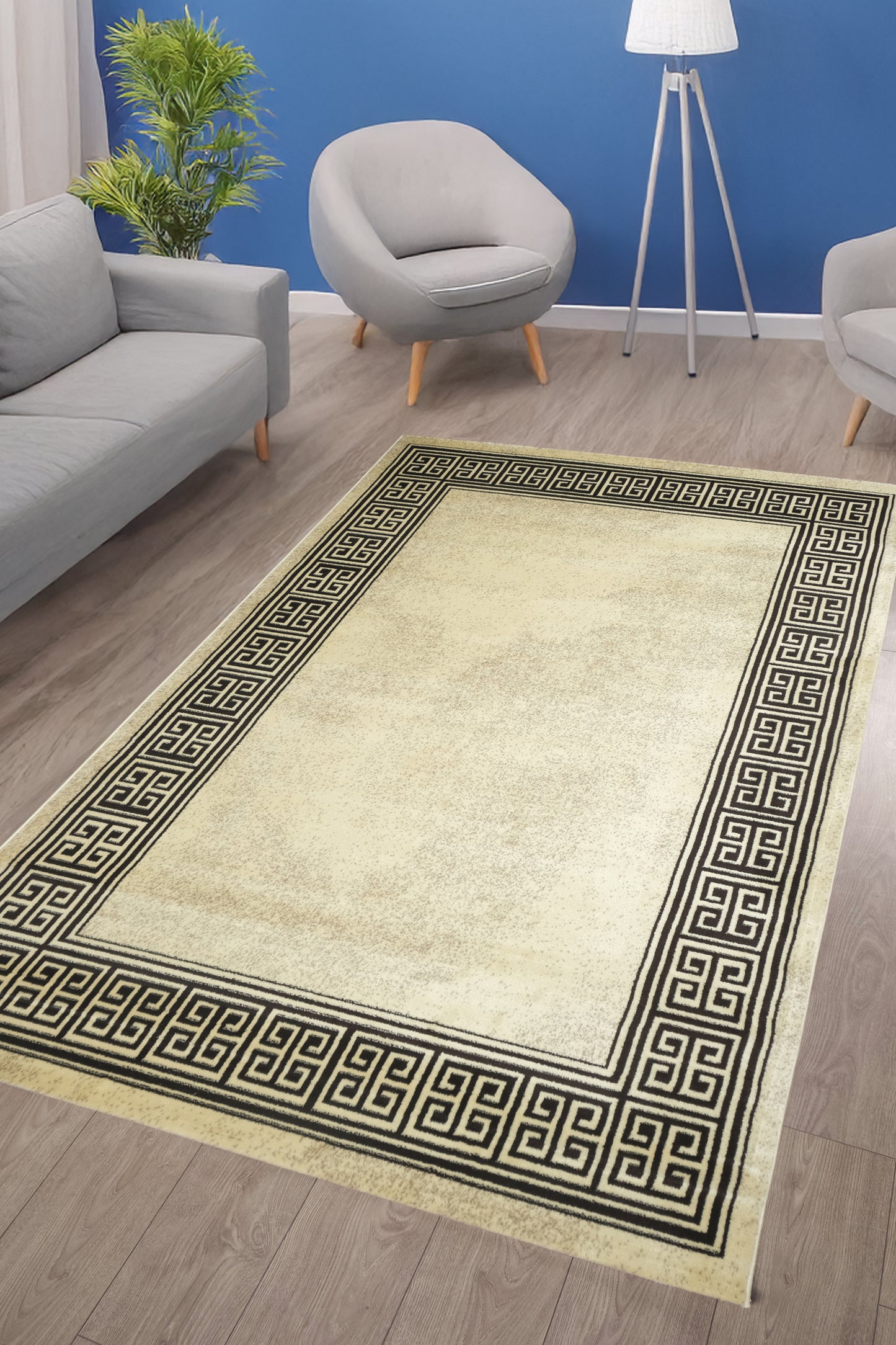 Blanca Vloerkleed – Laagpolig vloerkleed met Griekse rand – Beige/Bruin