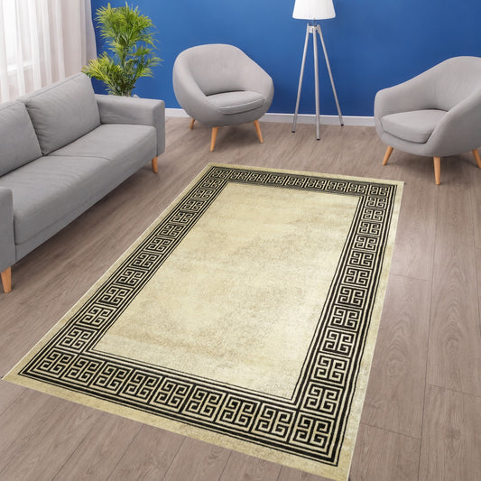 Blanca Vloerkleed – Laagpolig vloerkleed met Griekse rand – Beige/Bruin