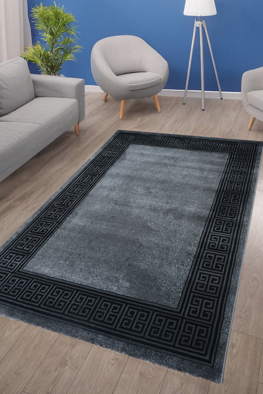 Blanca Vloerkleed – Laagpolig vloerkleed met Griekse rand – Grijs/Antraciet