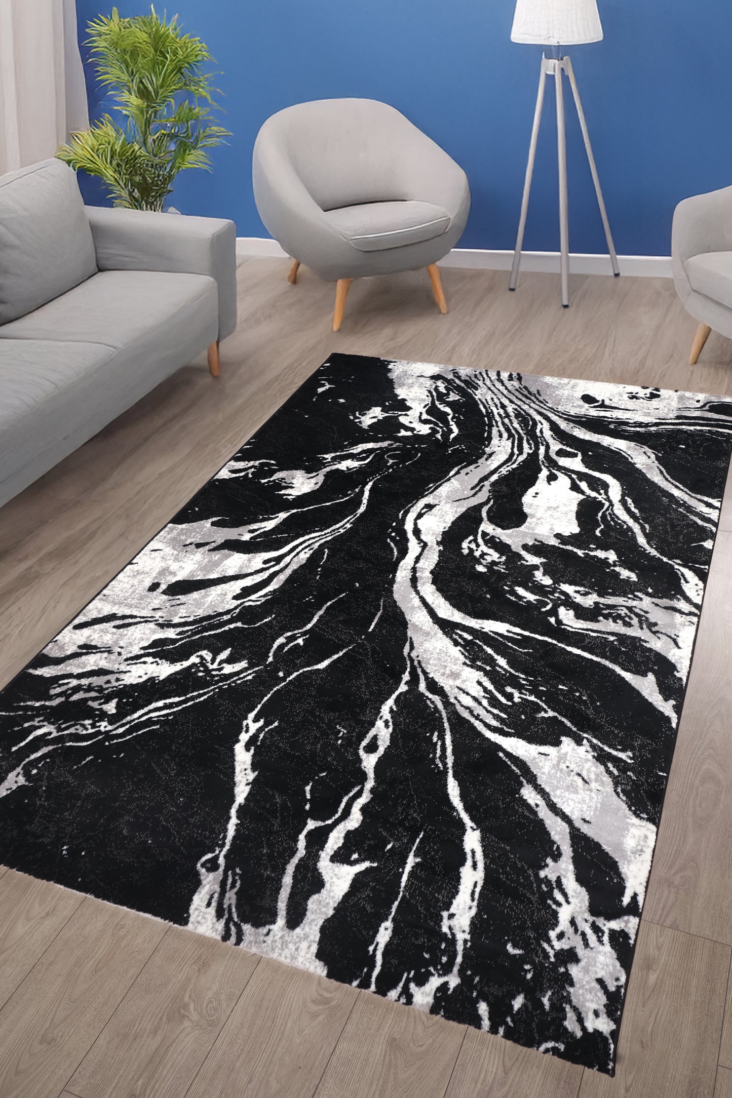 Blanca Vloerkleed – Laagpolig Abstract Marmerlook – Zwart/Grijs