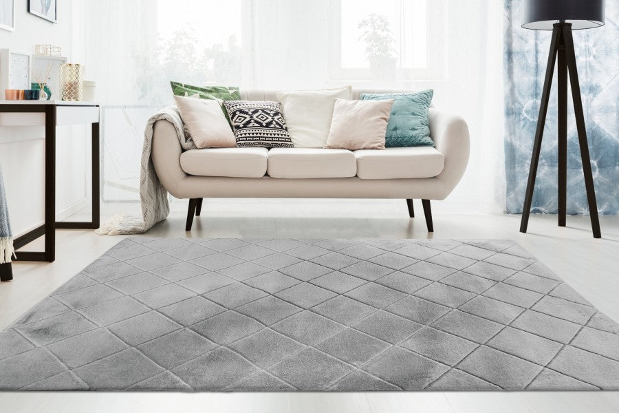 Hoogpolig vloerkleed Impulse – Zilvergrijs met luxe glans en subtiel ruitmotief