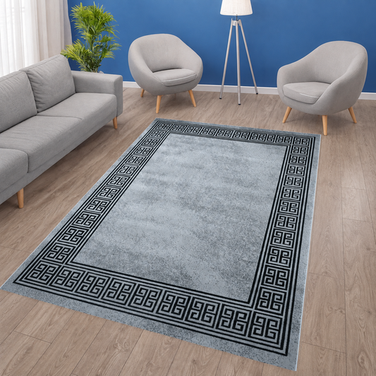 Blanca Vloerkleed – Laagpolig vloerkleed met Griekse rand – Grijs/Zwart