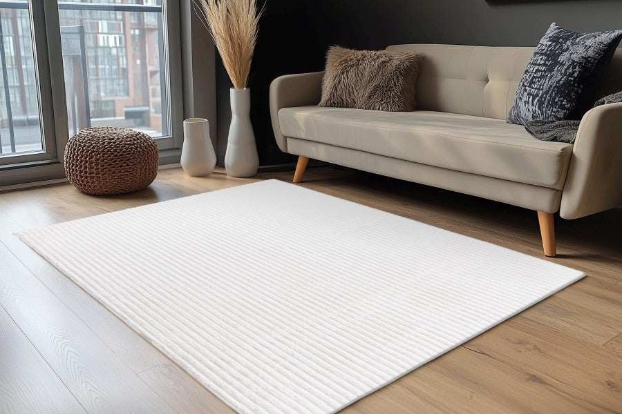 Hoogpolig vloerkleed Plush – ivory met subtiele glans en ribpatroon