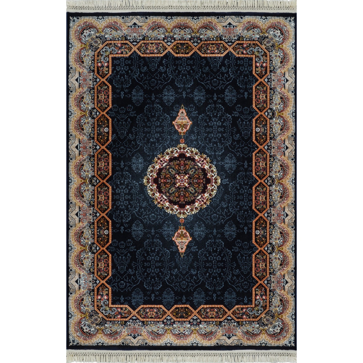 Tabriz Oosters Vloerkleed – Donkerblauw – Klassiek Vintage Met Kader – Laagpolig Tapijt