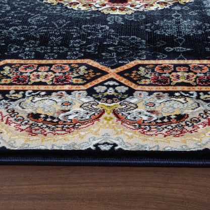 Tabriz Oosters Vloerkleed – Donkerblauw – Klassiek Vintage Met Kader – Laagpolig Tapijt