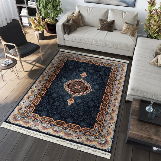 Tabriz Oosters Vloerkleed – Donkerblauw – Klassiek Vintage Met Kader – Laagpolig Tapijt
