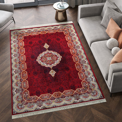 Tabriz Oosters Vloerkleed – Rood – Klassiek Vintage Met Kader – Laagpolig Tapijt