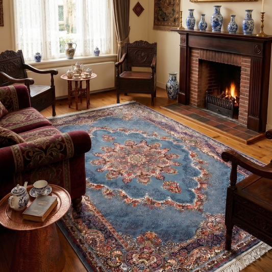 Tabriz Oosters Vloerkleed – Blauw – Klassiek Vintage Laagpolig Tapijt