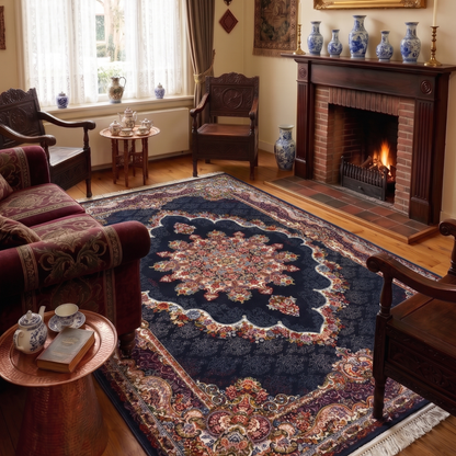 Tabriz Oosters Vloerkleed – Donkerblauw – Klassiek Vintage Laagpolig Tapijt