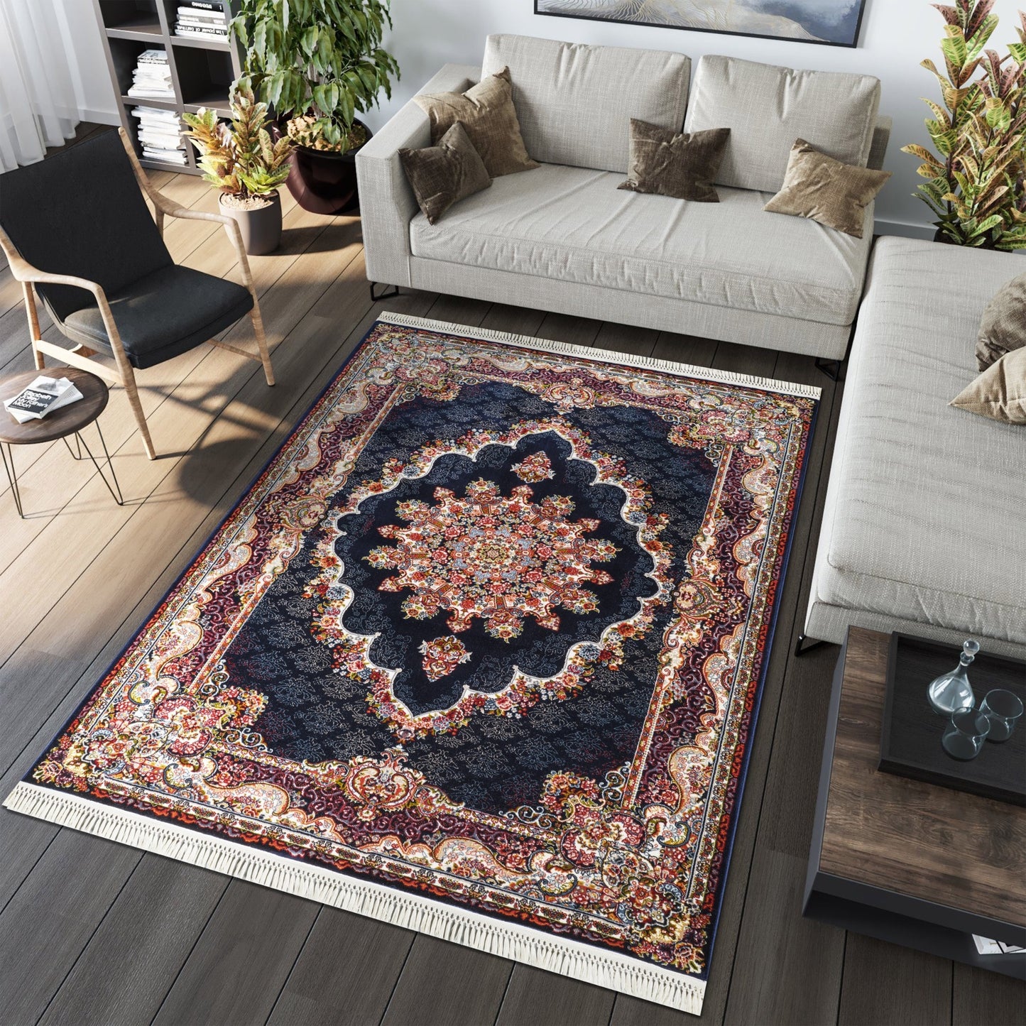 Tabriz Oosters Vloerkleed – Donkerblauw – Klassiek Vintage Laagpolig Tapijt