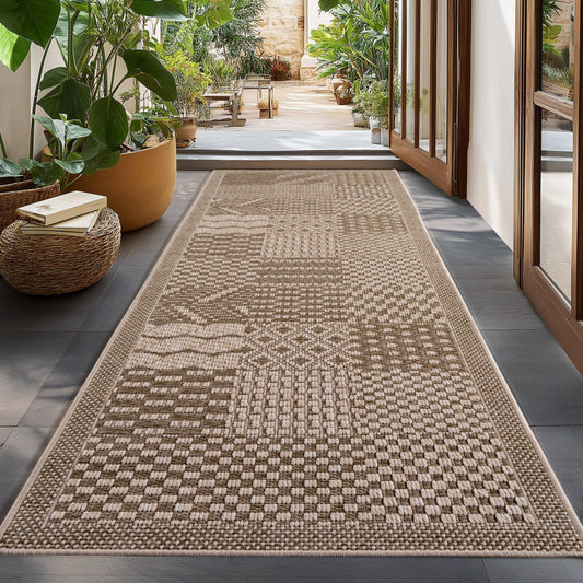 Ibiza – Geblokt Patchwork Bruin/Beige – Binnen & Buiten Vloerkleed – Laagpolig