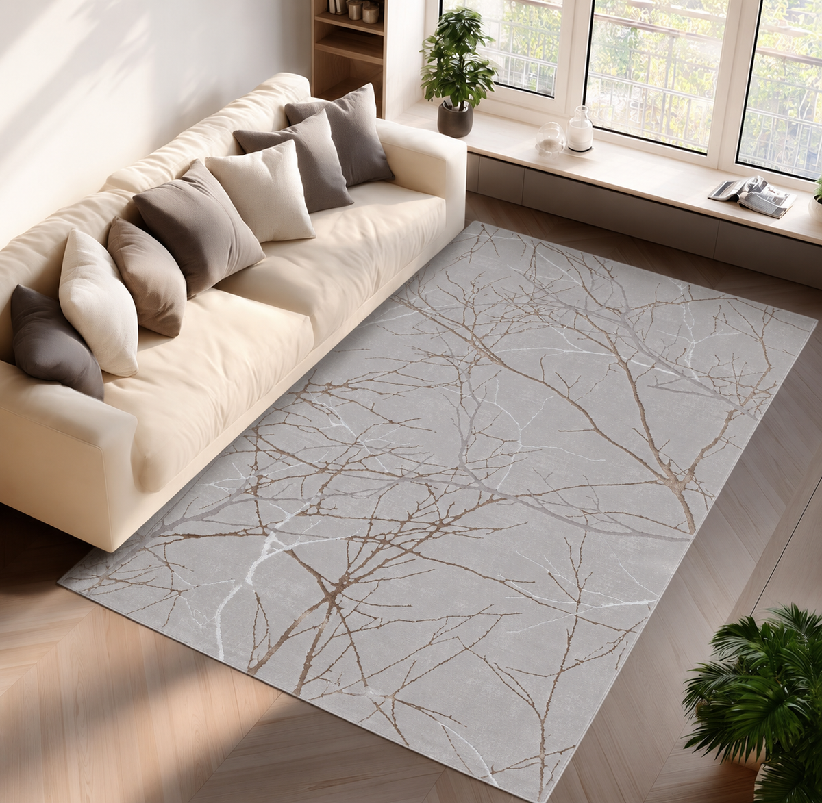 Creation Vloerkleed – Grijs – Takken Design – Laagpolig Vloerkleed