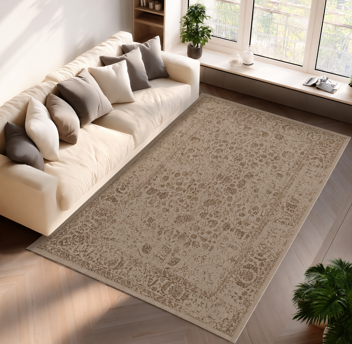 Creation Vloerkleed – Donker Beige – Vintage Oosters Design – Laagpolig Vloerkleed