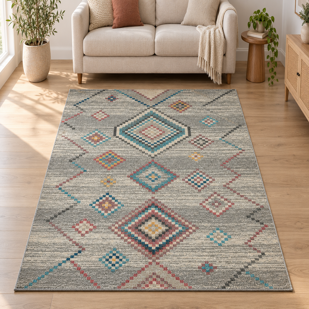 Salsa Vloerkleed – Crème/Grijs – Bohemian Ruit Design – Laagpolig Vloerkleed