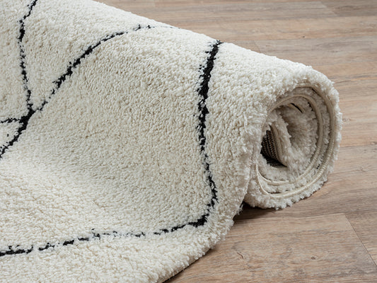 Ideal Shaggy Rond Vloerkleed – Wit Zwart – Berber Ruitpatroon – Hoogpolig Vloerkleed