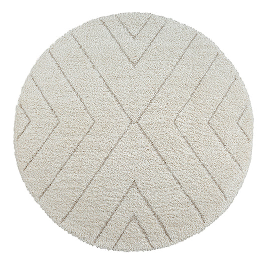 Ideal Shaggy Rond Vloerkleed – Cream – Geometrisch Reliëf Design – Hoogpolig Vloerkleed