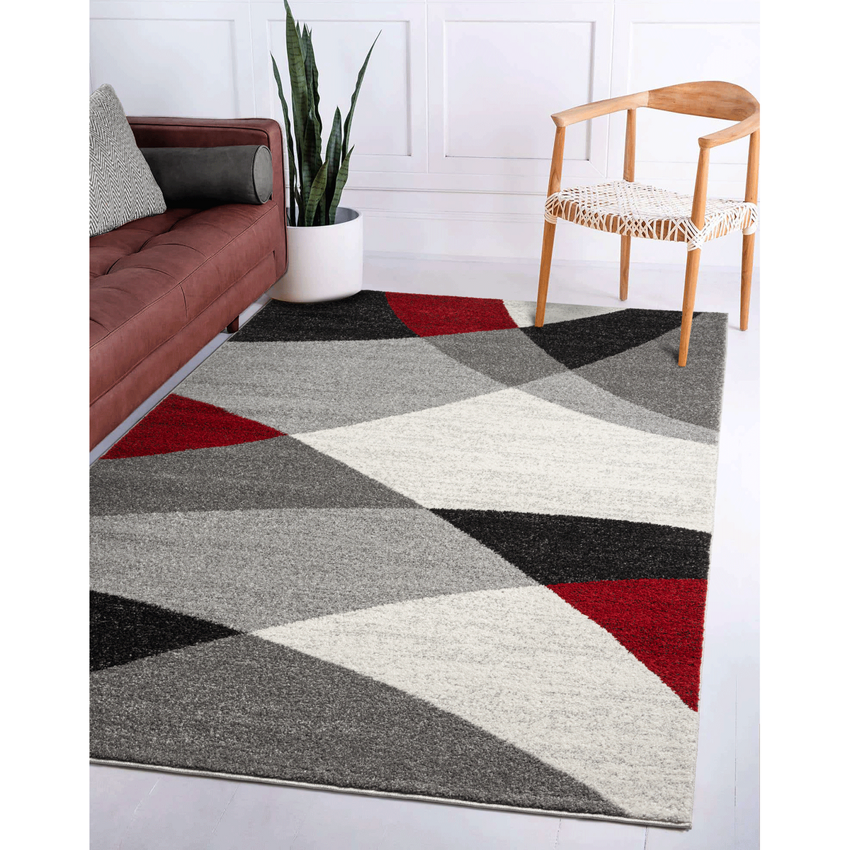 Thales Vloerkleed – Grijs Rood – Abstract Geometrisch Design – Laagpolig Vloerkleed