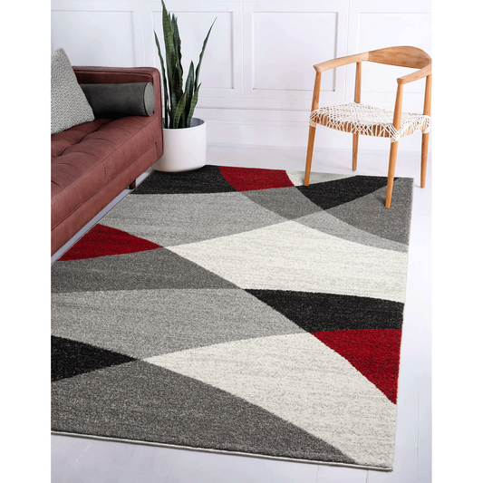 Thales Vloerkleed – Grijs Rood – Abstract Geometrisch Design – Laagpolig Vloerkleed