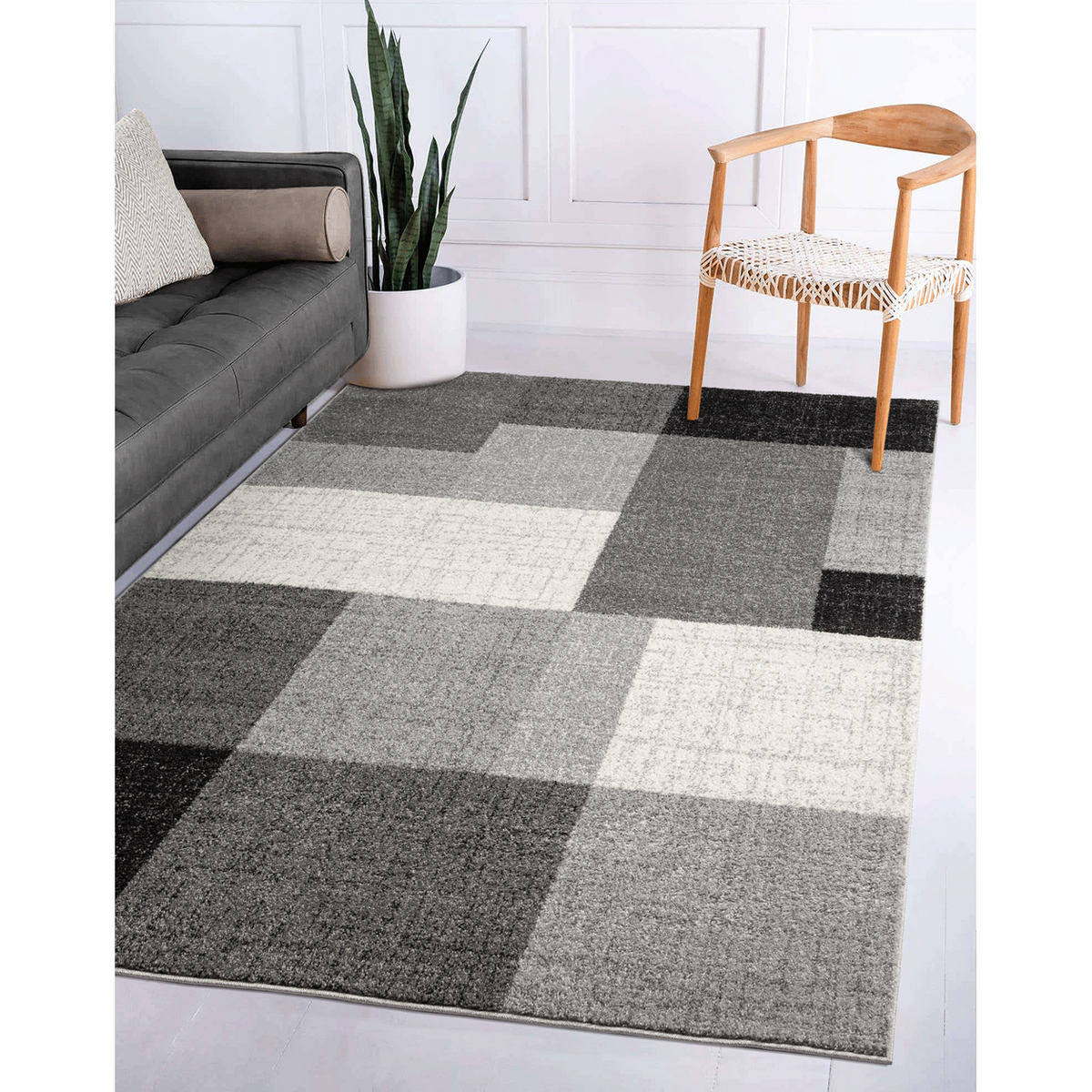 Thales Vloerkleed – Grijs – Modern Blokdesign – Laagpolig Vloerkleed