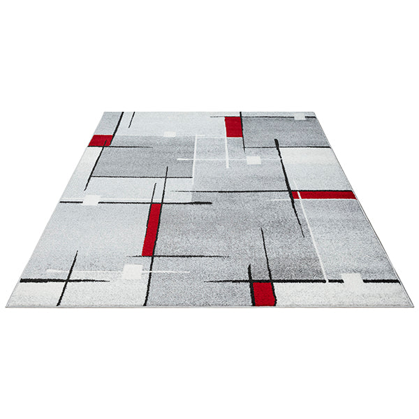 Thales Vloerkleed – Grijs Rood – Modern Lijndesign – Laagpolig Vloerkleed