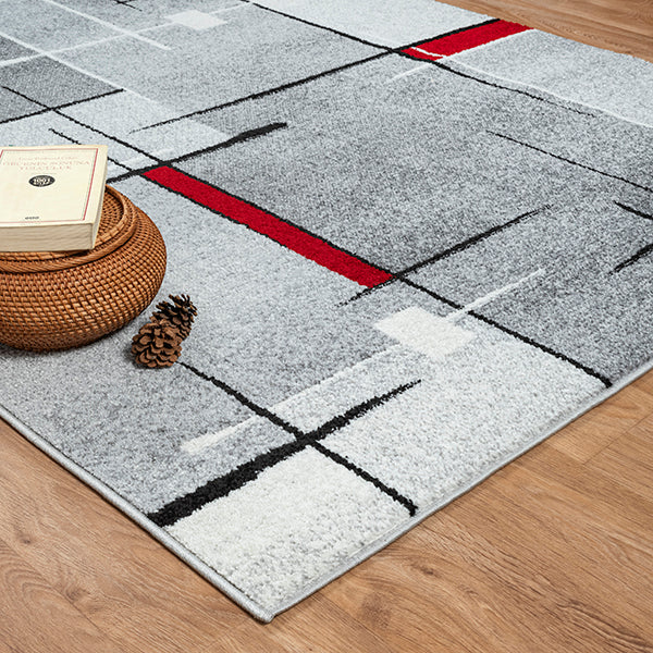 Thales Vloerkleed – Grijs Rood – Modern Lijndesign – Laagpolig Vloerkleed