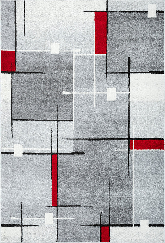 Thales Vloerkleed – Grijs Rood – Modern Lijndesign – Laagpolig Vloerkleed