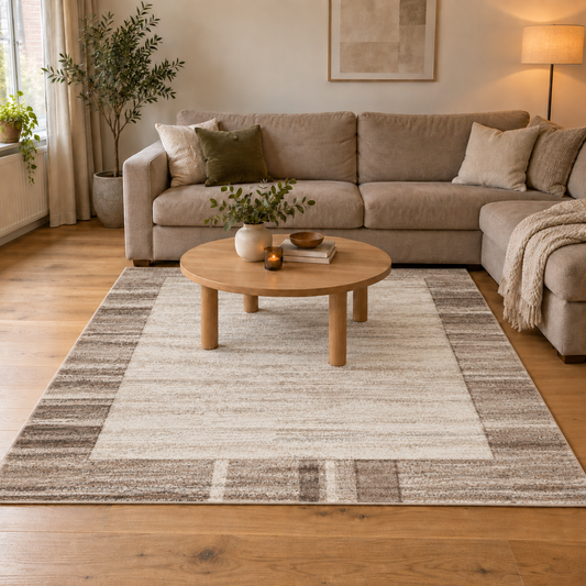 Trendy Carving – Beige kader structuur – Laagpolig vloerkleed