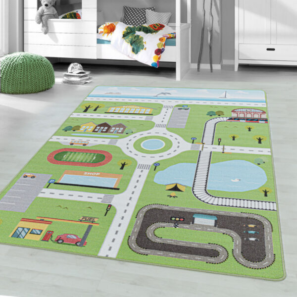 Play – Kindervloerkleed – Verkeer Groen – Laagpolig – Anti-Allergisch & Anti-Slip
