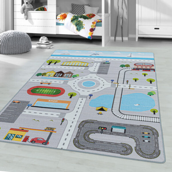 Play – Kindervloerkleed – Verkeer Grijs – Laagpolig – Anti-Allergisch & Anti-Slip