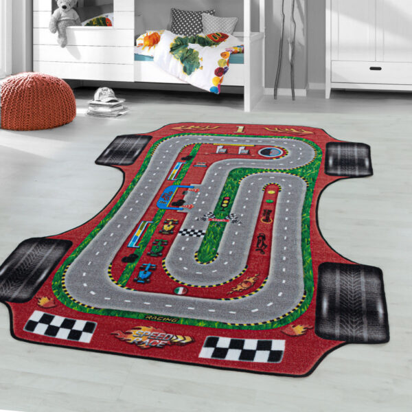Play – Kindervloerkleed – Raceauto Rood – Laagpolig – Anti-Allergisch & Anti-Slip