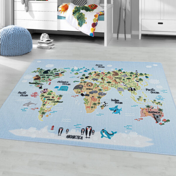 Play – Kindervloerkleed – Wereldmap – Laagpolig – Anti-Allergisch & Anti-Slip