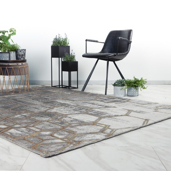 Marmaris Vloerkleed – Grijs/Goud – Laagpolig met Honingraatmotief